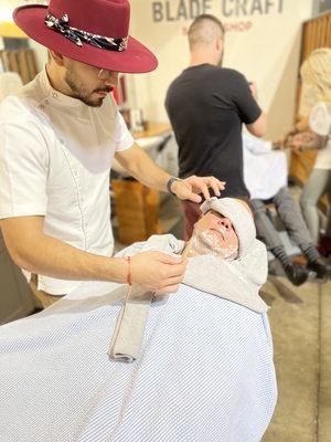 Hand made lather is used for each straight razor shave.