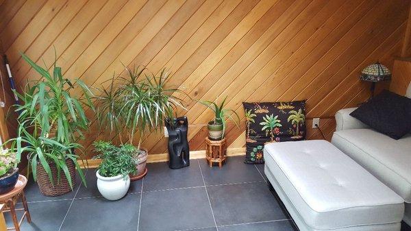 New tile floor where jacuzzi tub was and tie in cedar wall