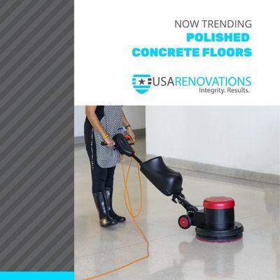 Polished concrete floors are the latest trend in office spaces, retail spaces, manufacturers' warehouses, airports, schools, and event space