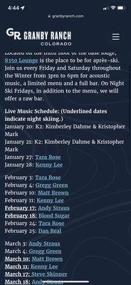 Live music 2023 schedule Winter apres ski