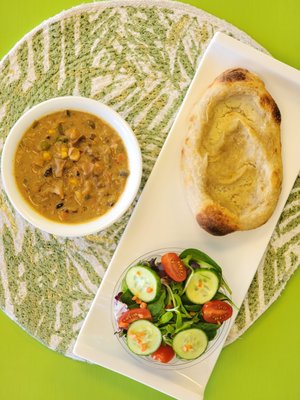 Sprouty Lunch Special. Cheezy Flatbread, Green Salad, and White Bean Chili.