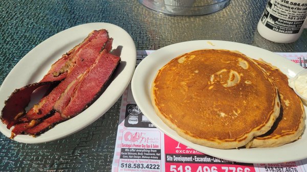 Oatmeal pancakes and side of Montreal smoked meat