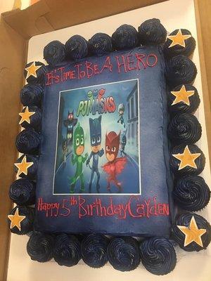 PJ Mask Half sheet cake with cupcakes