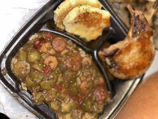 Shrimp and okra over rice.... The pork chop was no so good; but the biscuits and the stew, please believe me!