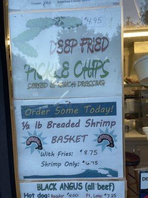 More specials: Deep Fried Pickle Chips and Shrimp Basket