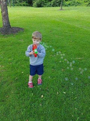 green lawn,   child playing, bubbles,  grass, trees