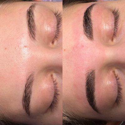 Before and after a brow lamination and tint