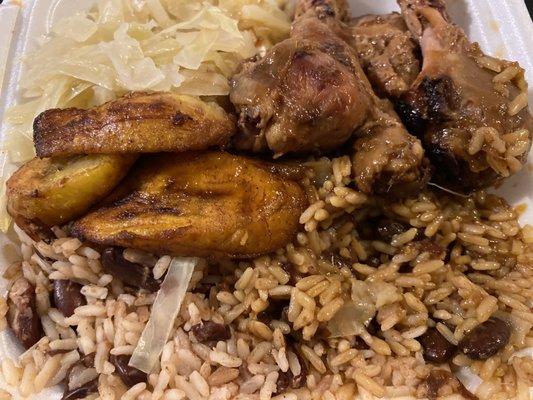 Jerk Chicken Rice and Beans, Plantain and Cabbage