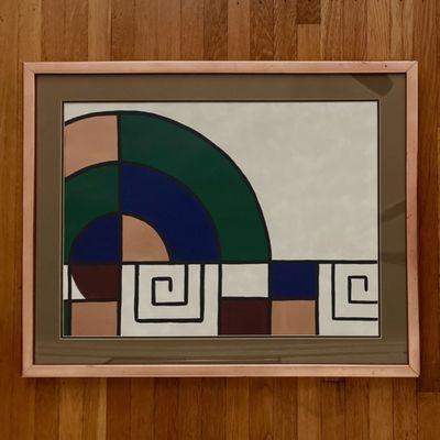 unknown artist signed painting on paper composed of copied elements from Frank Lloyd Wright's 1950s Hoffman Rug, colors and metallic copper