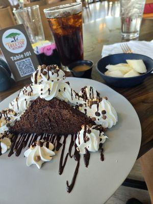 Warm dark chocolate brownie tower (bananas and caramel on the side)