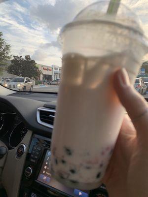 Coconut Milk Tea with Tapioca and Strawberry Popping Pearls