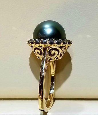 14k yellow gold Tahitian Black Pearl & 1 Ct black diamond ? •