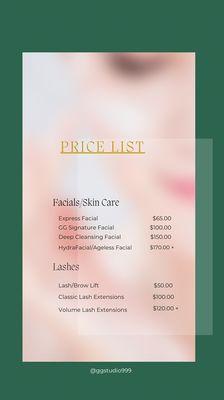 Facial/Lash Price-list. 
Body Treatments also available