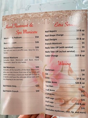 Merci's services Menu