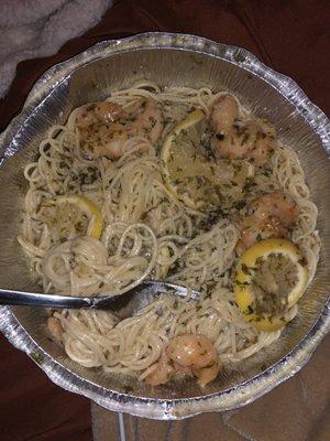 Shrimp scampi over angel hair - more of a thin lemony scampi sauce. So so good.