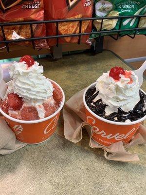 Strawberry on left and hot fudge on the right. Whipped cream and cherry please!