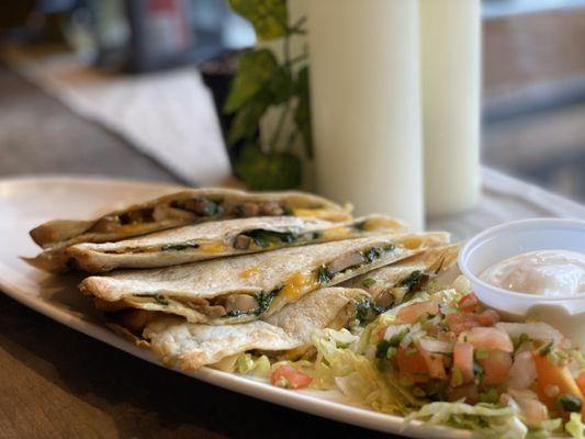 Spinach and Mushroom Quesadilla! Yes we have veggie and vegan options!