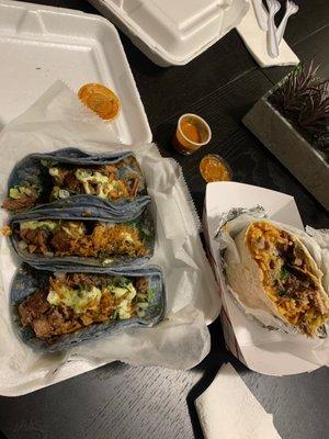 Brisket tacos, carnitas burrito. Good serving sizes!