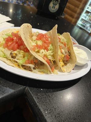 Tuesday Tacos  3 Soft Shells ground beef with side of sour cream & salsa