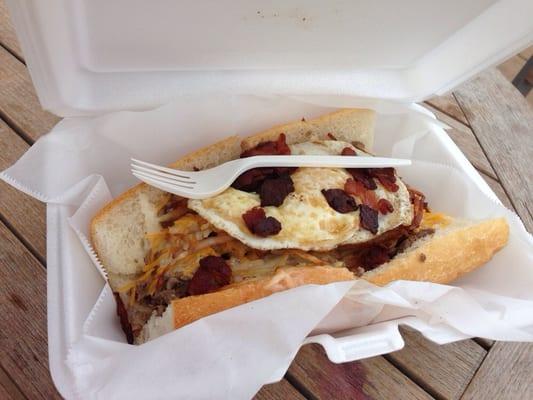 Greasy Spoon. Steak, hash browns, egg over easy, bacon, maple aioli.