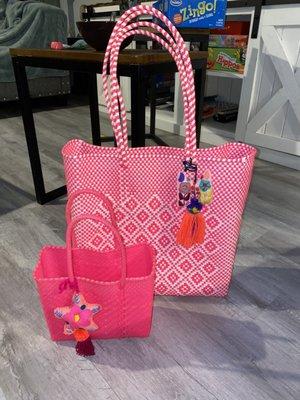 Laptop Tote with mini Ana in neon pink