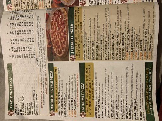 Pizza menu