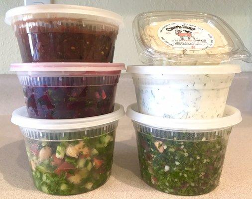 $5 Tabouli, Tzatziki, Baba Ghanoush, and other salads at today's market