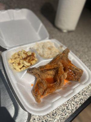 Pork chops, Mac & Cheese and White Rice and gravy