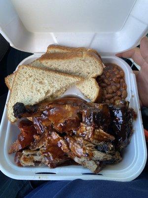 A little bit of everything for $20! Beef ribs, links, chicken, tri tip, beans, potato salad and bread. WORTH every dollar