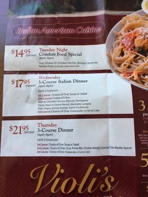 read Tuesday specials, NOT PASTA