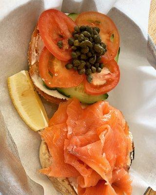 Lox and bagel sandwich on a flown in fresh NYC bagel.