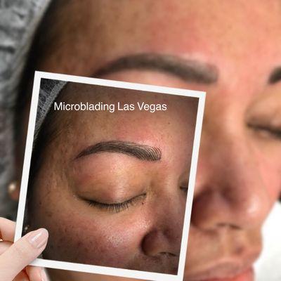 Microblading mimics an exact brow hair, creating a feathering effect which is more natural-looking than a solid fill.