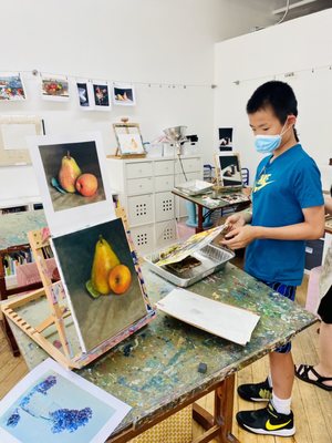 Oil painting camp. His first time of using this media. Excellent instruction and teaching from the teacher!! Thanks a lot!!