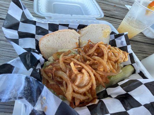 Catfish sandwich came with delicious fried onions on top and yummy crispy pickle