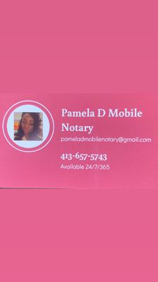 Pamela D Mobile Notary business card.