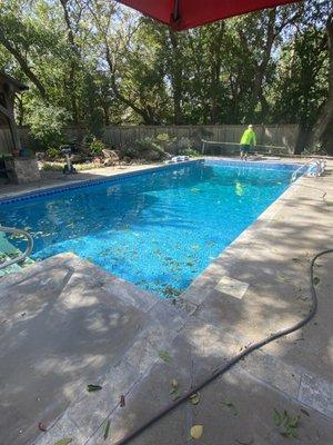 New travertine coping and liner. 
Concrete Pools Inc.