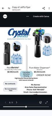 Crystal Springs Water.  New Model Water Dispenser, No Contract, No Cancellation Fees. 3-5 Gallon Jugs (1 For Free). Contact Me For Details