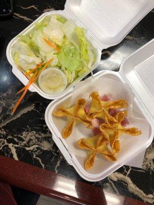 crab rangoons and salad