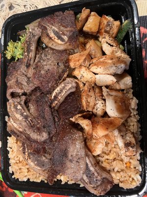 Fried rice, chicken, short ribs, and veggies