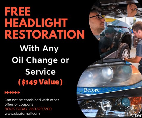 Foggy headlights? Free Headlight restoration from 8/1/19-12/29/19