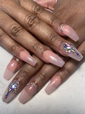 Full set , coffin shape, gel polish with jewels. Done by Sang