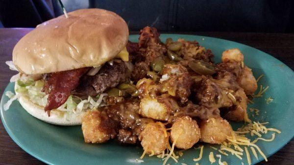 Golden Arrow Burger and Chili Cheese Tots!