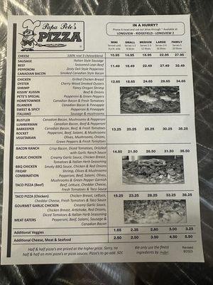 Front side of menu as of 2/16/24