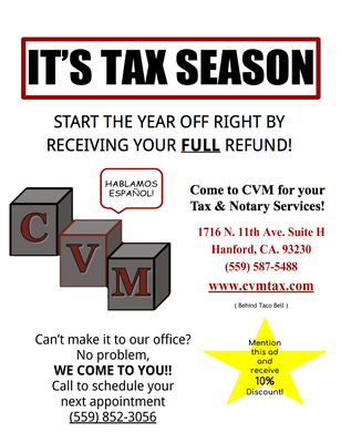 BE STRESS FREE this tax season! Come to CVM where tax experts will make sure you get the most out of your refund.