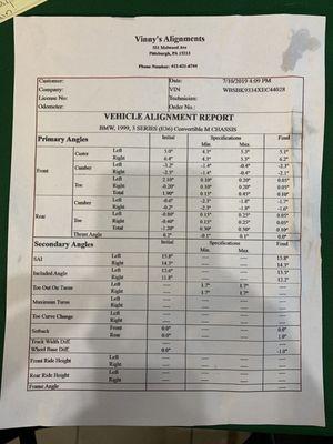 A machine printout of pre alignment, OEM specs, and actually post alignment specs.