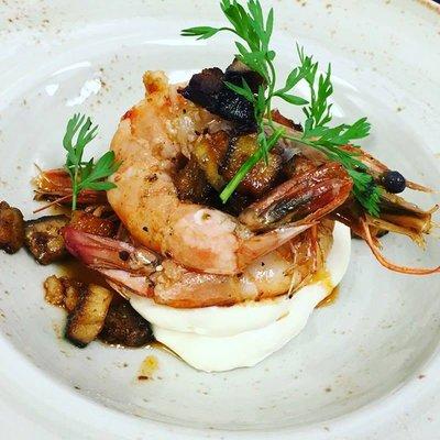 Seared Prawns over Parsnip Puree with Lardons