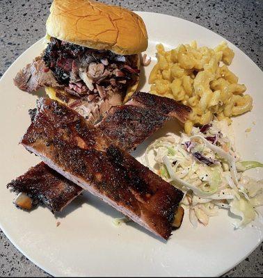 Ribs, brisket, mac and cheese and coleslaw