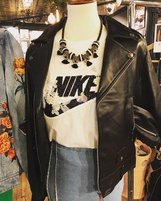 Hand crafted embellished Nike shirt and lambskin leather jacket