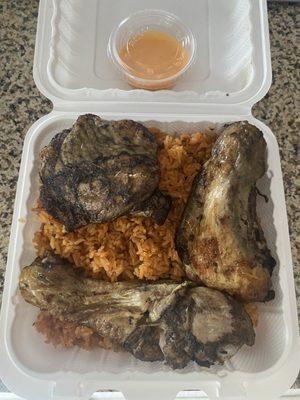 Jerk chicken and jollof rice