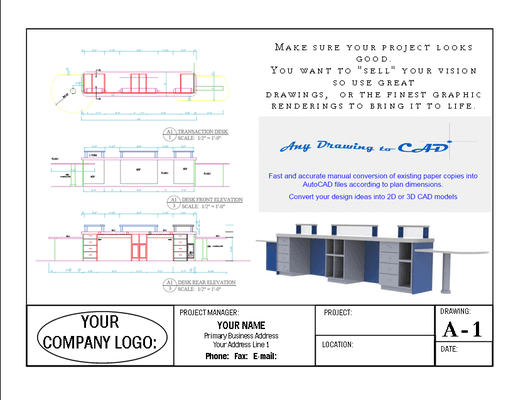 All trades contractor drawing sets
Help to meet your important deadlines.

Excellent drafting skills. Fast and reliabl